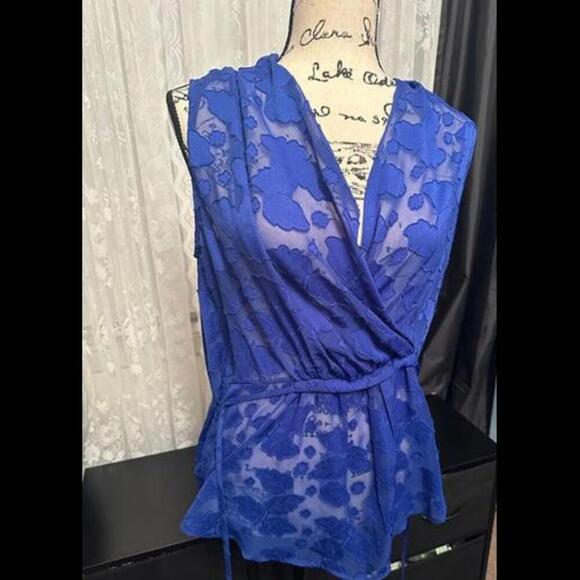 Sunday in Brooklyn Tops - Royal Blue Lace Wrap Top with Floral Embroidery